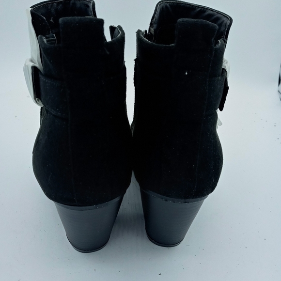 Torrid Black Wood Block Heel Bootie with Buckle studs and strap accents zip up - Picture 3 of 11